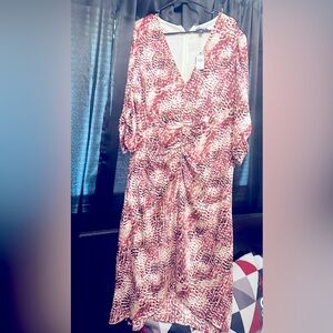 Beautiful hot pink, white, & brown midi dress. Nice 3/4 puff sleeve. Never worn
